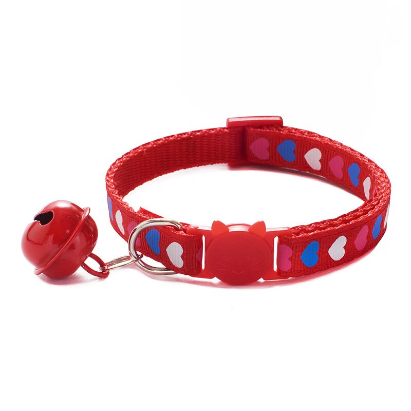Söta sällskapsdjur halsband hjärta tryck valp justerbar polyester halsband härlig med klockor tryck katt hund halsband krage leverans: Röd