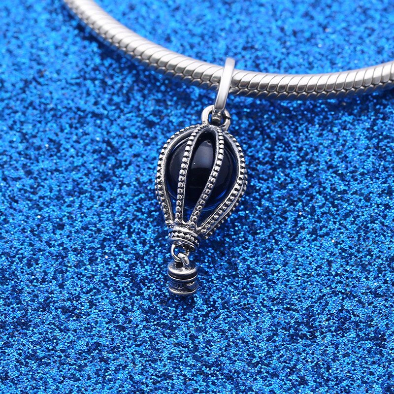 Genuine 925 Sterling Silver Charm Polished Moonlight Blue Crystal Air Balloon Beads Fit Pan Bracelet & Necklace Diy Jewelry
