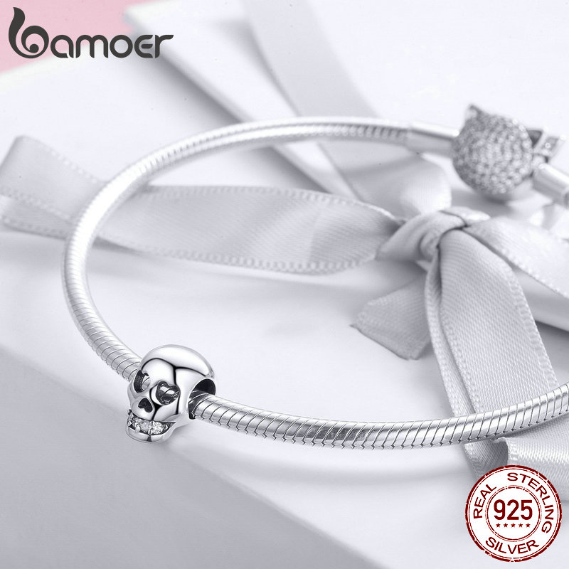 BAMOER 925 Sterling Silver Christmas Skull Head Beads Charm fit Charm Bracelet Halloween Jewelry Making Accessories DIY