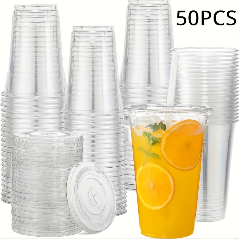 50 Sets 12/16/20 Unzen Kunststoffbecher mit Deckel, transparente Einwegbecher für Partys, Eiskaffee, Smoothie, Milchshake, kalte Getränke