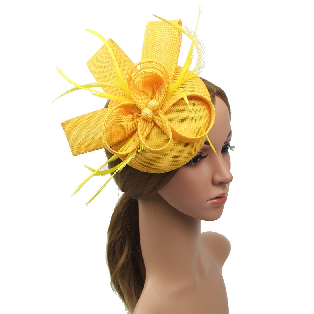 fascinante Clip de pelo diadema sombrero redondo velo de plumas boda Clip de pelo malla cóctel boda sombrero: Amarillo
