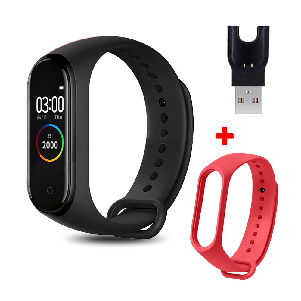 M4 Smart Bracelet with Extra Strap Smart Band Color Screen Sport Fitness Pedometer Blood Pressure Smart Wristband Step Counter: black red