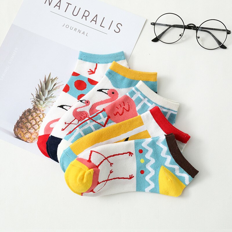 5pairs/lot Cotton Flamingo Socks Women Colorful Harajuku Funny Flamingo Women Kawaii Happy Comfortable Motion Sock