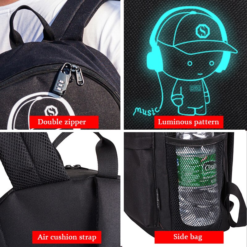 Anti-Dief Tas Lichtgevende Schooltassen Voor Jongens Student Rugzak 15-17 Inch Mochila Met Usb Opladen poort Slot Schooltas