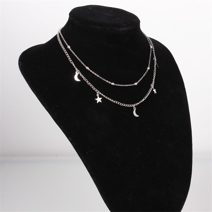 Estrela lua dupla colar curto redondo grânulo clavícula corrente collarb081