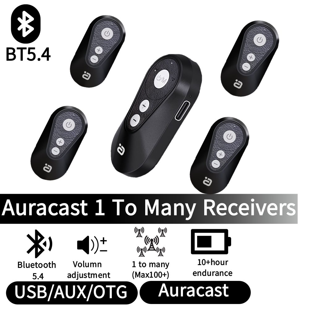 AYINO Bluetooth 5.4 Wireless Audio Adapter Auracast broadcasts one-to-many Transmitter& Receiver LC3 USB AUX OTG with back clip