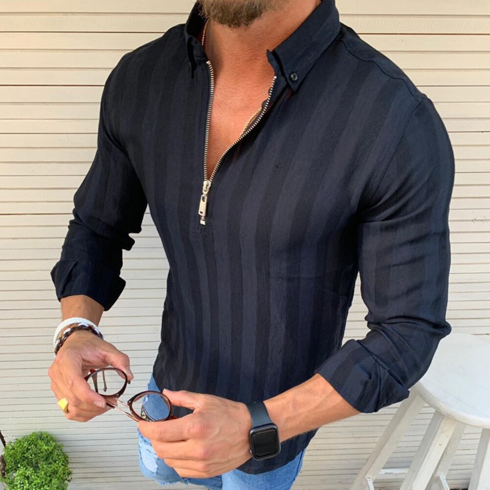 Stribet herreskjorte langærmede mænd skjorter afslappet solid slim fit hvid mand bluser kausal skjorte lynlås bluse toppe