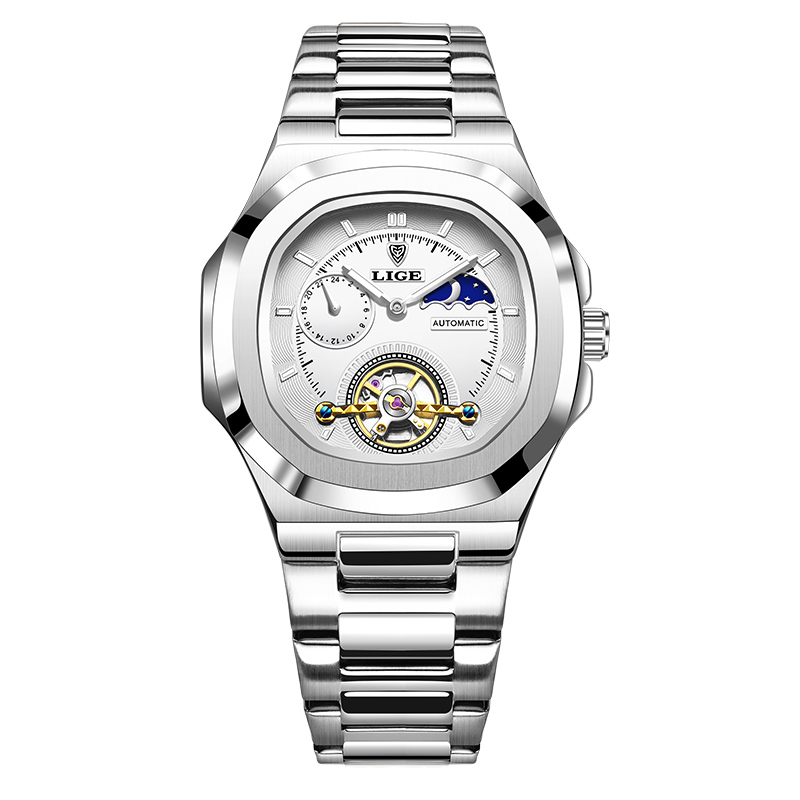 Reloj LIGE Tourbillon de doble segundo, reloj mecánico de 24 horas, reloj auténtico de acero inoxidable para hombre, reloj resistente al agua con brillo nocturno para hombre: Café