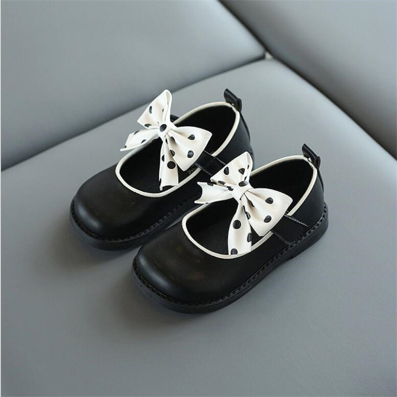 Girls Round Toe Anti-Slippery Bow Princess Shoes Spring/Autumn Latest Kid Children Slip-On Soft Leather Shoes: black / 22 (Inner 14.1CM)