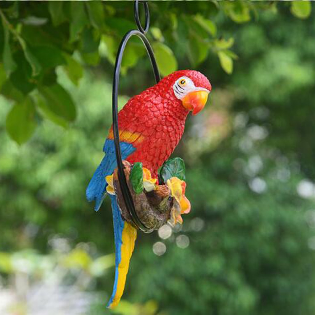 Resin Lifelike Parrot Statue Perch on Metal Ring Birds Model Lawn Ornament