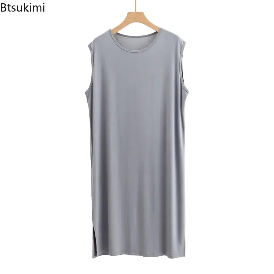 2025 pijamas de Modal de verano para hombres, batas estilo de chaleco, albornoz largo sin mangas de talla grande, ropa de hogar holgada, suave y cómoda para hombres