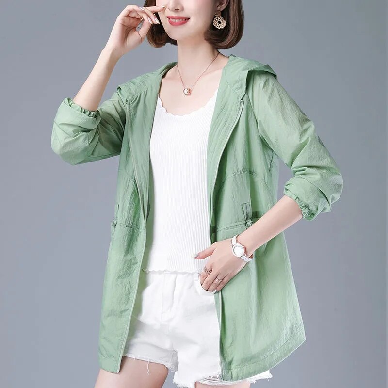 2022 Summer Women&#39;s Jacket Sun Protection Windbreaker Thin Coat Zipper Hooded Loose Overcoat Jackets Famale Outwear