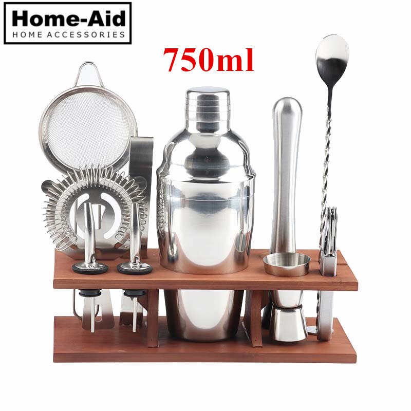 11 Stks/set Rvs Cocktail Shaker Set Drankjes Zeef Flesopener Maker Mixer Lepel Meet Cup Bar Tool Kit: SKSET0019-750ml