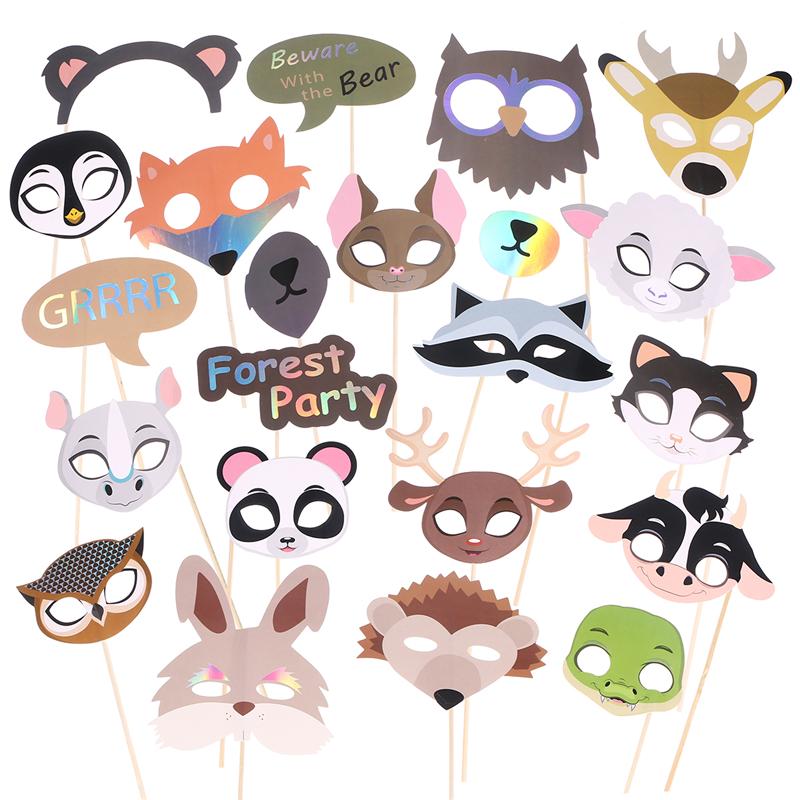 22pcs Animal Mask Photo Props Cartoon Cute Party Supplies Decorations Dress Up Accessory Selfie Props Photobooth Kit