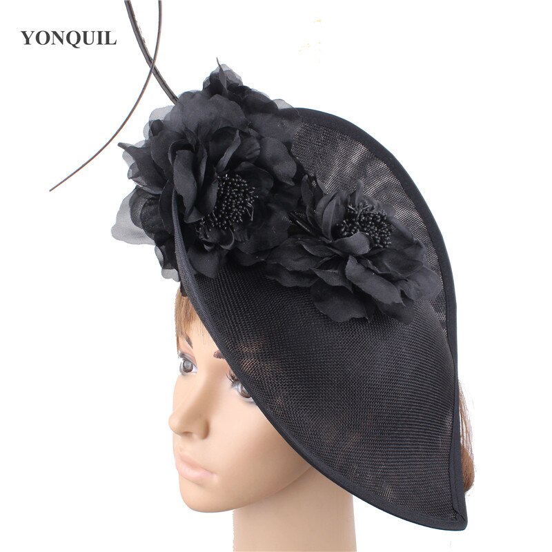 Witte hoeden voor grote feesten, fascinators voor vrouwen, veren, prachtige bruidshoeden, bruidshoofddeksels, sombrero, bloemenhoofddeksel voor dames.: Zwart