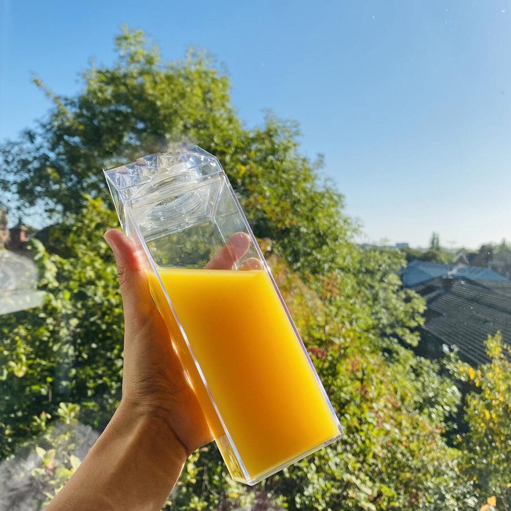 500ml/1000ml mælkekarton vandflaske, bpa fri plast bærbar gennemsigtig boks til juice med børste &amp; strå