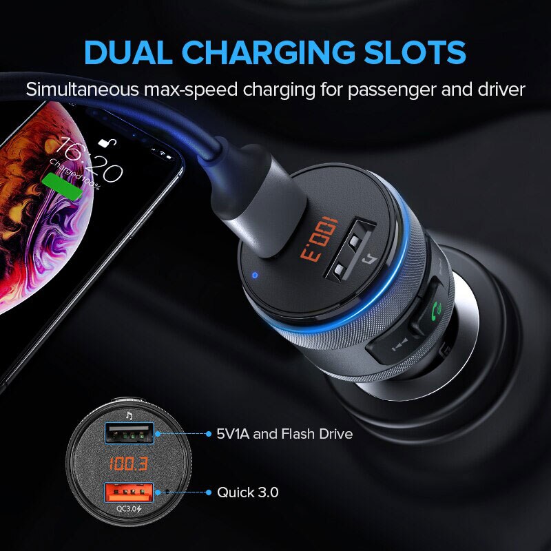 VANJEW C57 Car FM Transmitter Bluetooth 4.2 Wireless Hands-free Car Kit FM Modulator Quick Charge 3.0 Car Charger MP3 Player CE