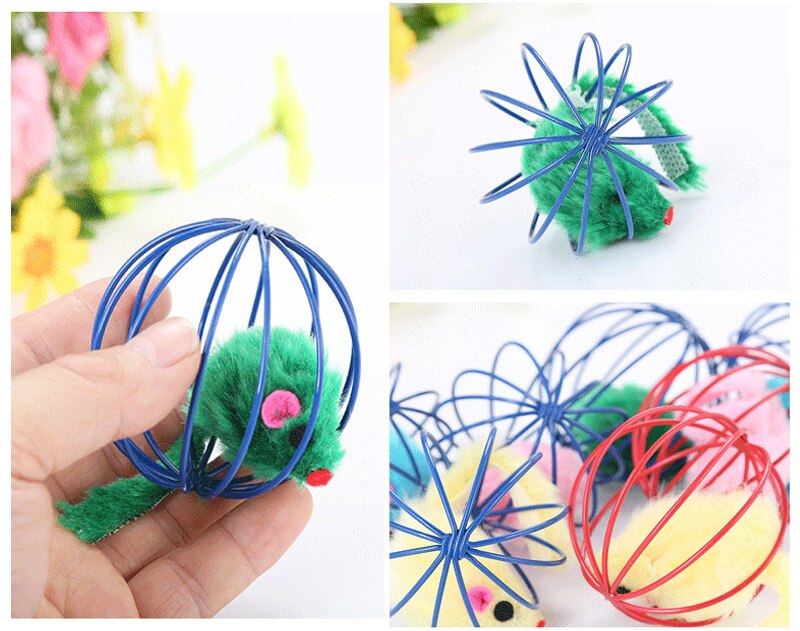 1pc gato de juguete interactivo pelotas de goma con el ratón jaula juguetes de plástico Artificial colorido juguete de ingenio para gatos, suministros para mascotas de Color al azar