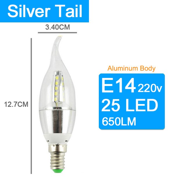 Led bulb E14 Aluminum 3W 6W 9W 12W Led Lamp AC 220V LED Candle Bulb Cool Warm White Lampada Bombillas Lumiere Lampara led light: Silver Tail 25LED / Warm White