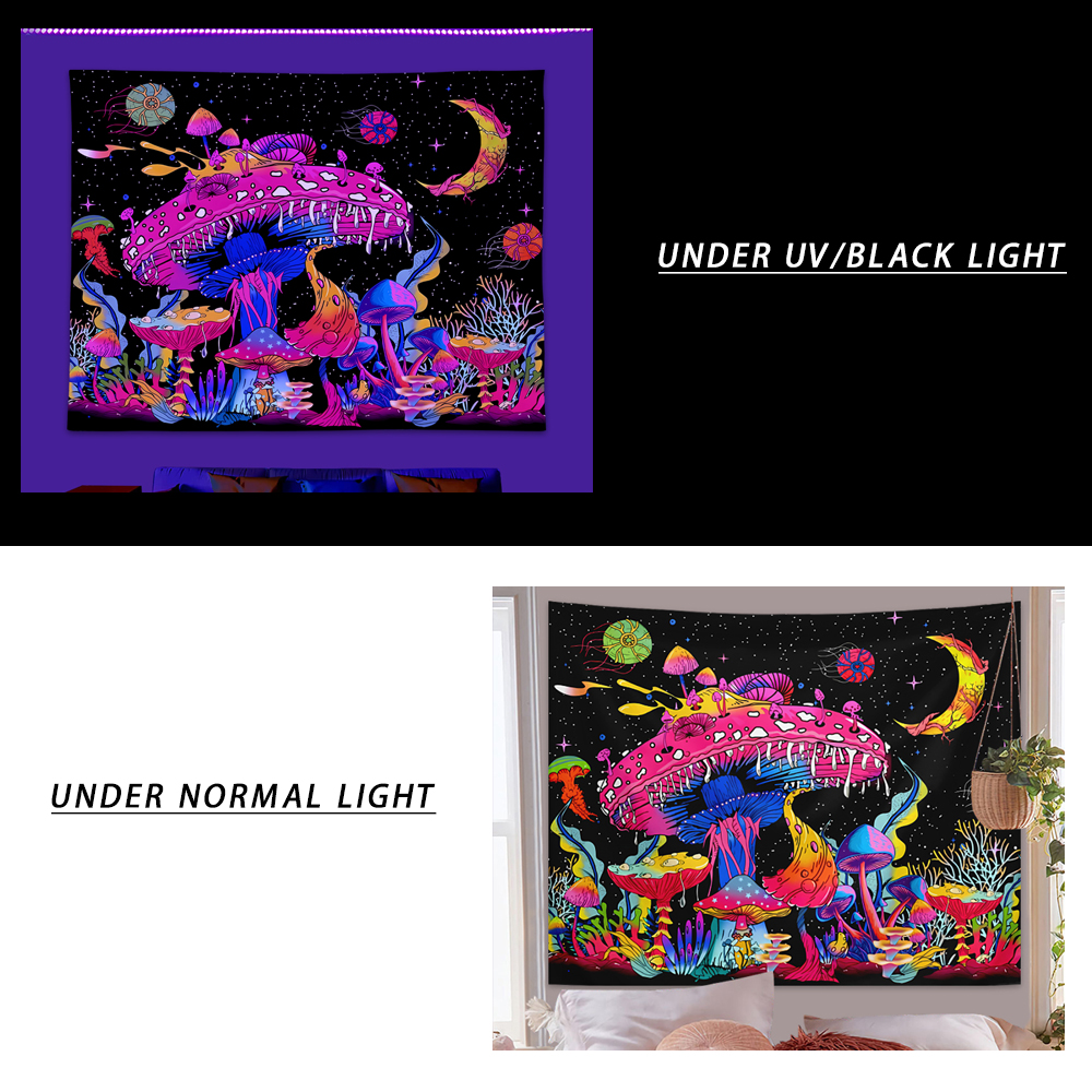 1 tapiz de setas de colores fluorescentes, luz negra ultravioleta, planta natural, bosque, Luna, flor, misterioso tapiz de cielo nocturno