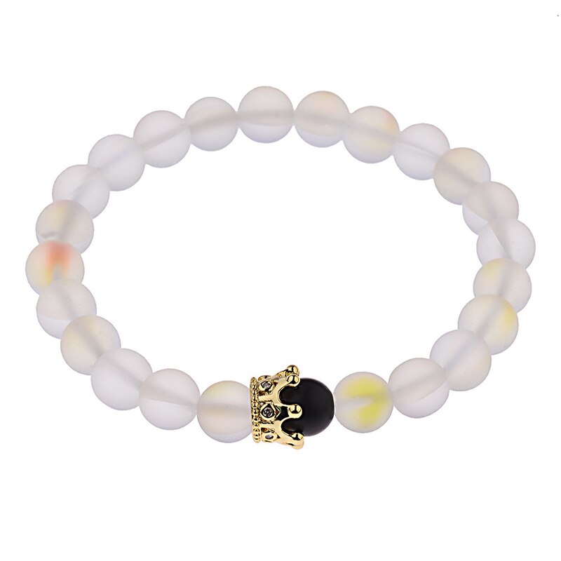 1pc luxo branco moonstone grânulos strand pulseiras com coroa opala frisado opala mão braclet feminino opala pulseira jóias: white