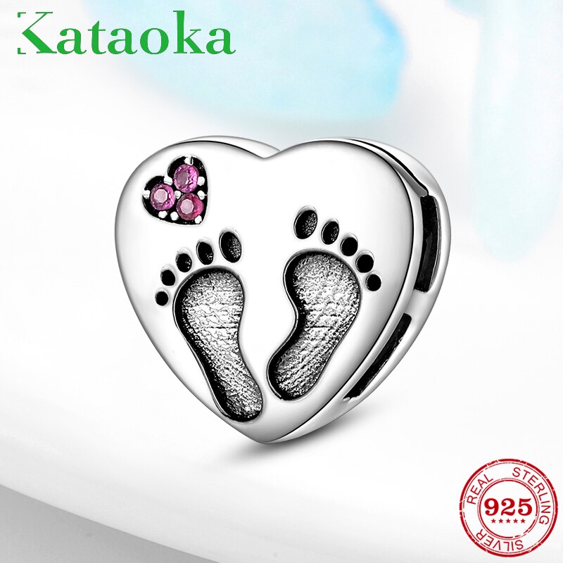 Cuentas de Clip de Plata de Ley 925 auténtica con forma de corazón de huella de bebé, abalorios de reflexión originales, joyería