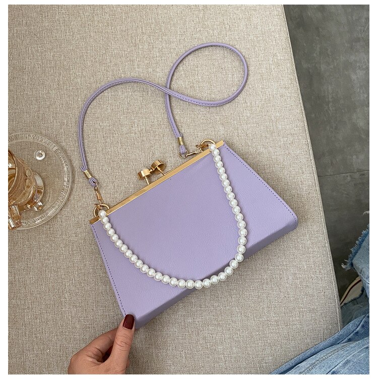Trend Women PU Leather Bags Shoulder Pack Portable Pearls Handle Envelope Square Decorative Ladies Party Purse: 2