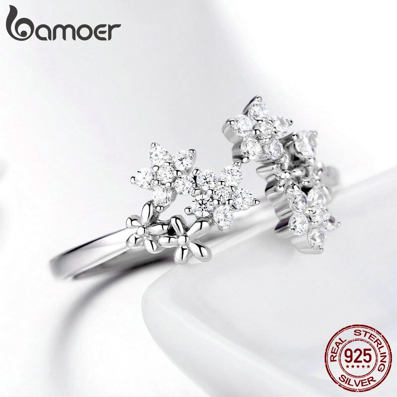 BAMOER Brillant Authentique 925 Sterling Argent Marguerite Clair CZ Doigt Réglable Anneaux pour les Femmes De Fiançailles Bijoux BSR021