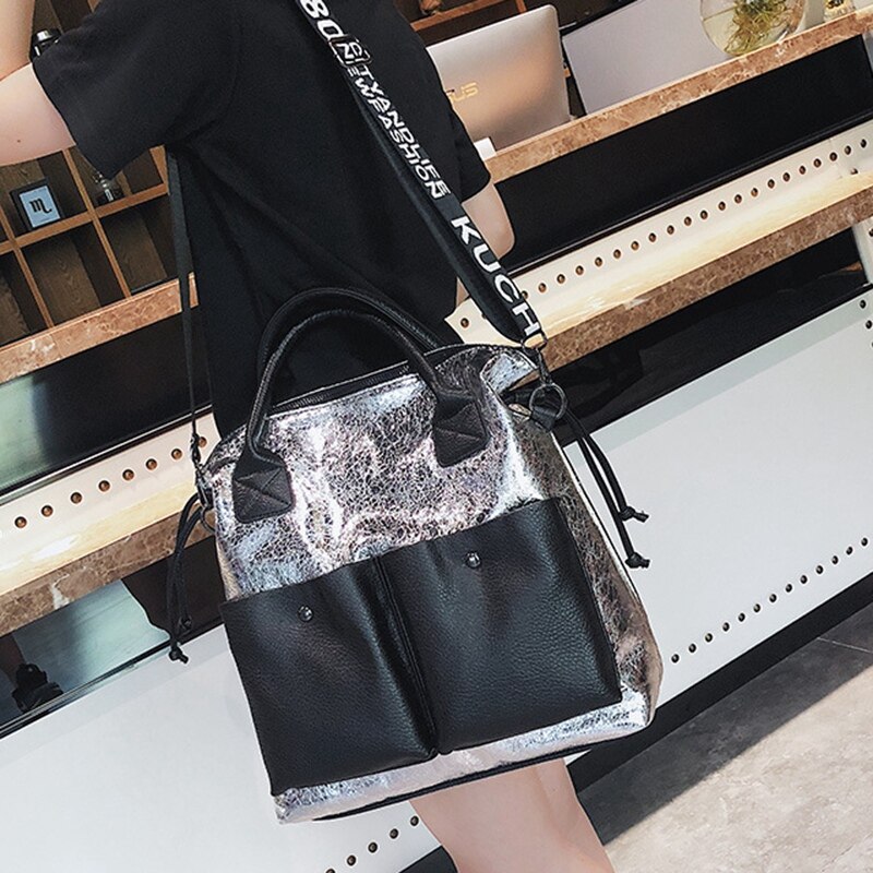 Large Capacity Women Bags Shopping Bag Double Pocket Girl Casual Tote Young Lady Handbags Shoulder Bag Silver Autumn