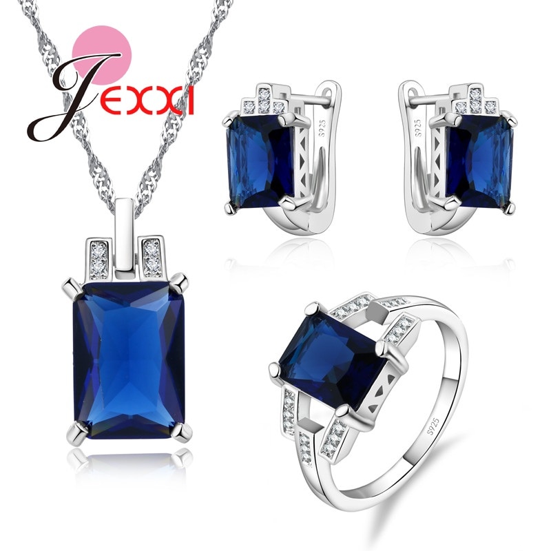 Las mujeres de la joyería de la plata esterlina 925 juegos de accesorios de azul colgante CZ Set anillo Collar para novia joyería