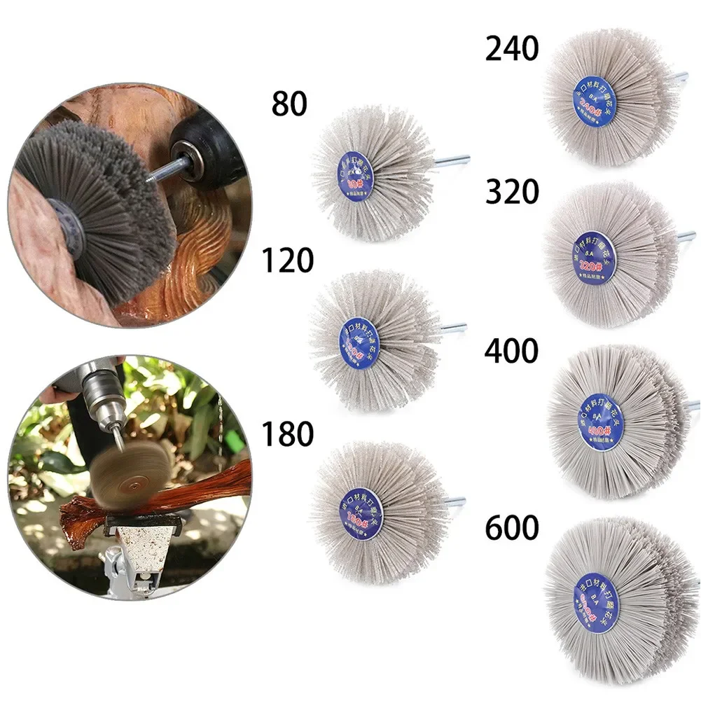 1 pezzo 80 # -600 # Spazzola abrasiva in nylon Spazzola per lucidare mobili per la lavorazione del legno Gambo da 6 mm Diametro 80 mm Smerigliatrice per testa Utensile abrasivo