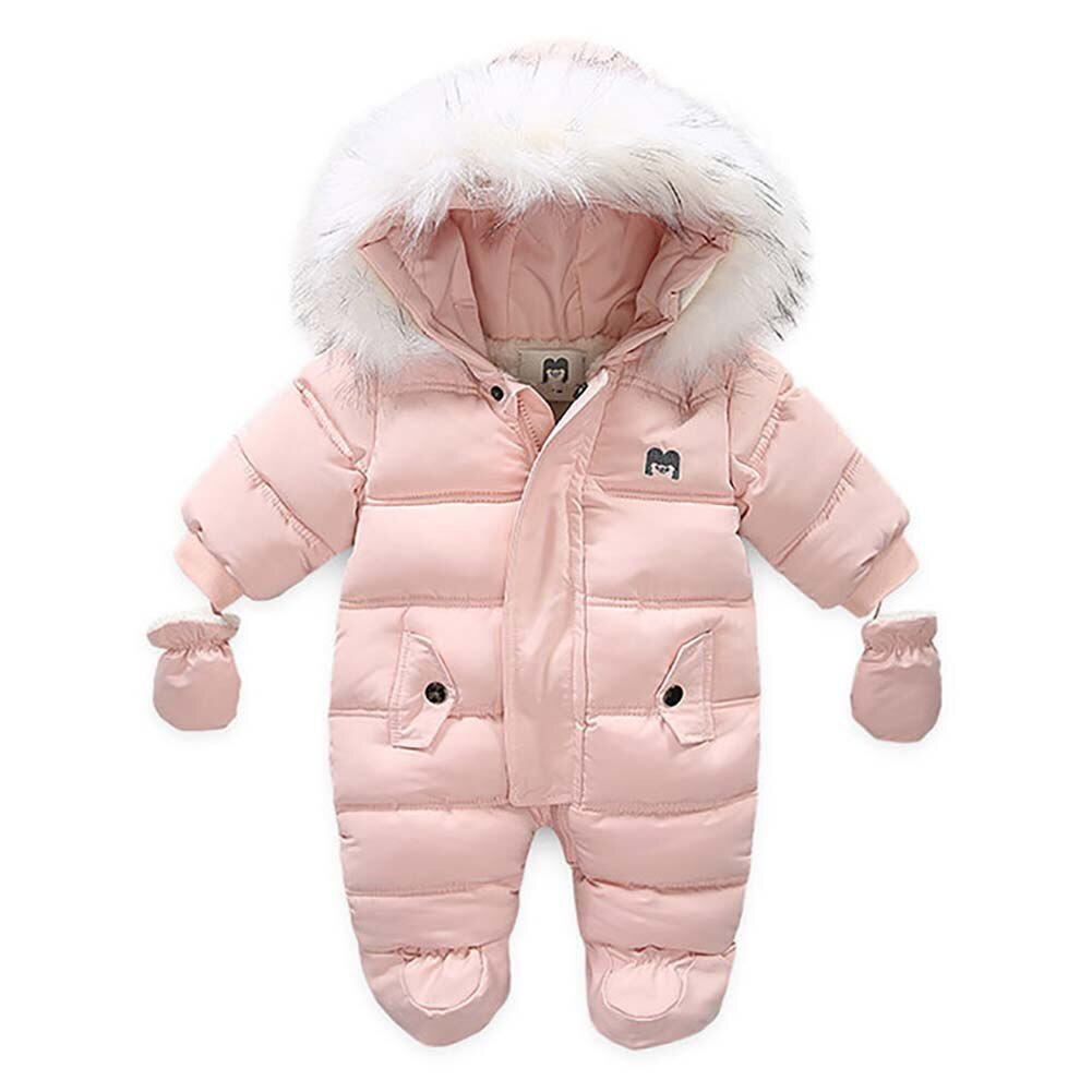 Winter Warm Baby Meisjes Jongens Rits Down Sneeuw Wear Jumpsuit Met Handschoenen Mode Peuter Lange Mouw Hooded Thicken Romper Outfit: Roze / 24M