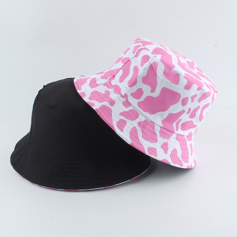 neue Koreanische Rosa Kuh Druck Eimer Hütte Frauen reversibel Angeln Kappe Bob Chapeau Herbst Sommer