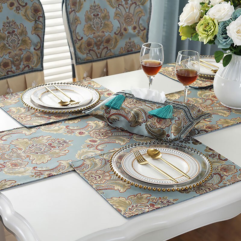 Eurooppalainen klassinen jacquard-tabletti kodin ylellinen kangas kulho matot lasinalus ruokapöytä sisustus länsimainen ruoka lämmöneristys pöytämatot: Sininen ilman pitsiä
