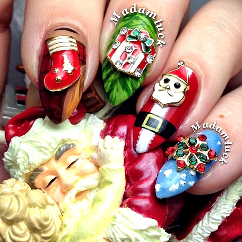 10 Pcs Feestelijke Kerst Charm Kousen, Sneeuwvlok, Gife Doos, kerstman Glitter Steentjes 3D Legering Goud Nail Art Decoraties
