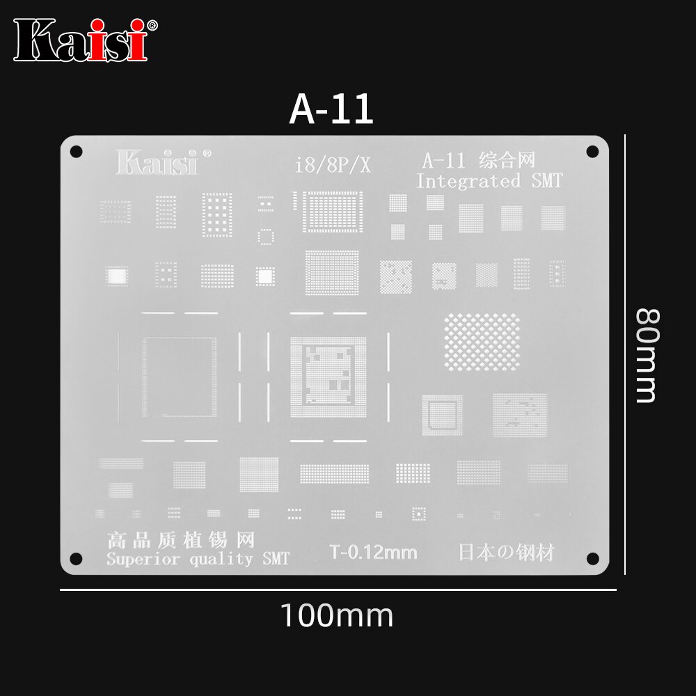 Kaisi 0,12mm BGA Reballing Stencil Kit de soldadura plantilla para iPhone IC CPU A8A9A10A11A12A13 11Pro/Max XS XR 8 8P 7P 6S 6P 5S: A11 8-8P-X