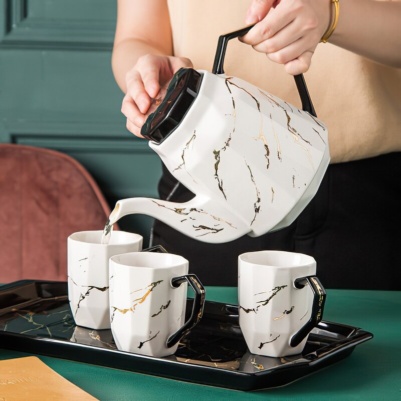 European Style Simple Black and White Marble Gold Ceramic Coffee Tea Set Hotel Household with Tray Teapot Cup Set Water Set