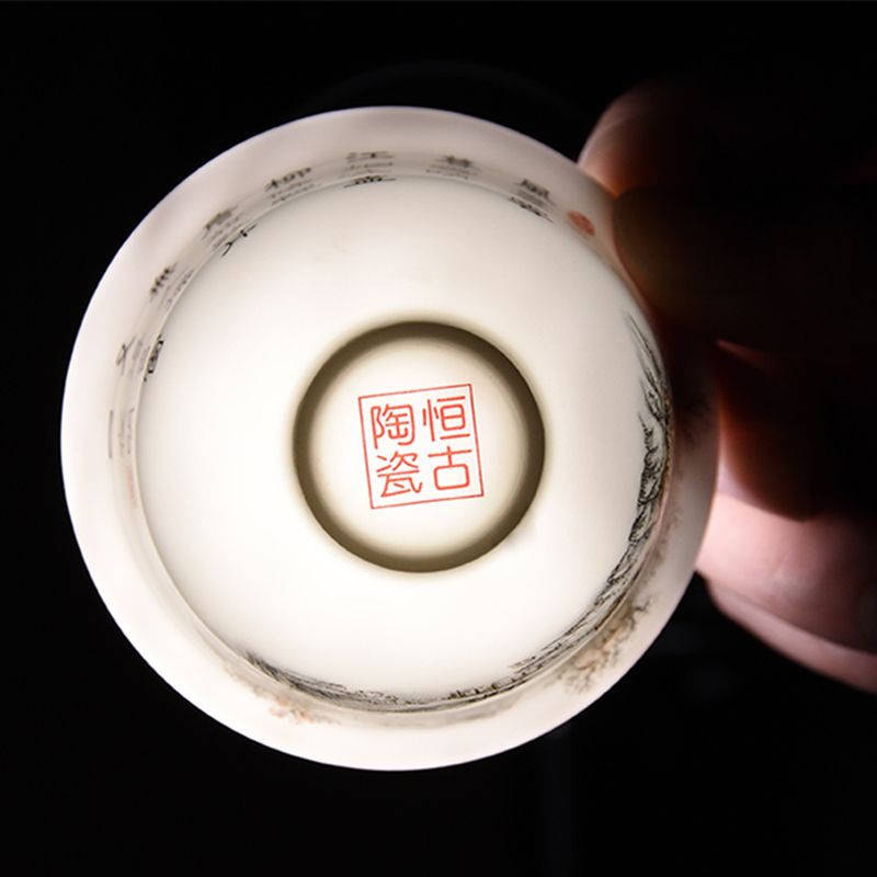 Petit gaiwan 80cc soupière porcelaine céramique | Ensemble de tasses à thé, bol couvert avec couvercle, tasse soucoupe sous glaçure imprimé de mountain river