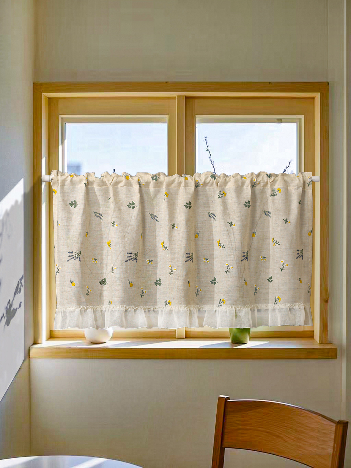Cortina bordada de lino, cortina pequeña y fresca, cortina rústica para ventana con deriva de viento, cortina corta con sentido ambiental
