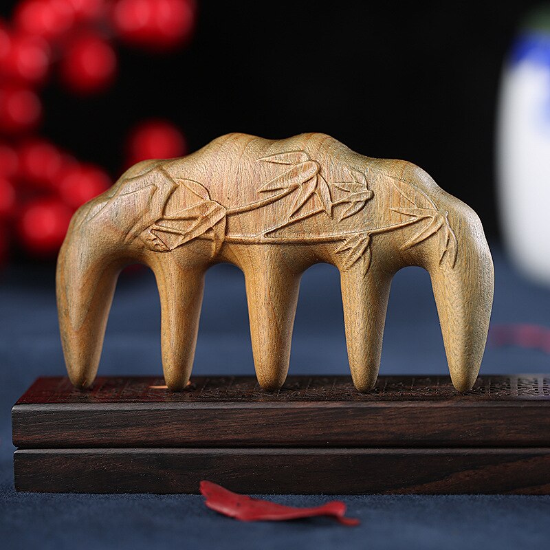 Green Sandalwood Massage Comb Carved Lotus Head Meridian Scraping Wide Tooth Comb Blood Circulation Acupoint Gua Sha Health Care