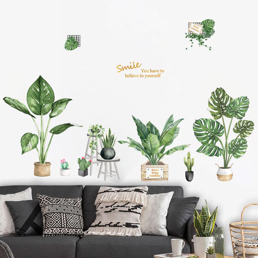 Plante verte autocollant Mural bricolage pivoine Rose fleurs plage feuilles de palmier tropicales Stickers muraux Art moderne vinyle décalcomanie murale: 130x58cm