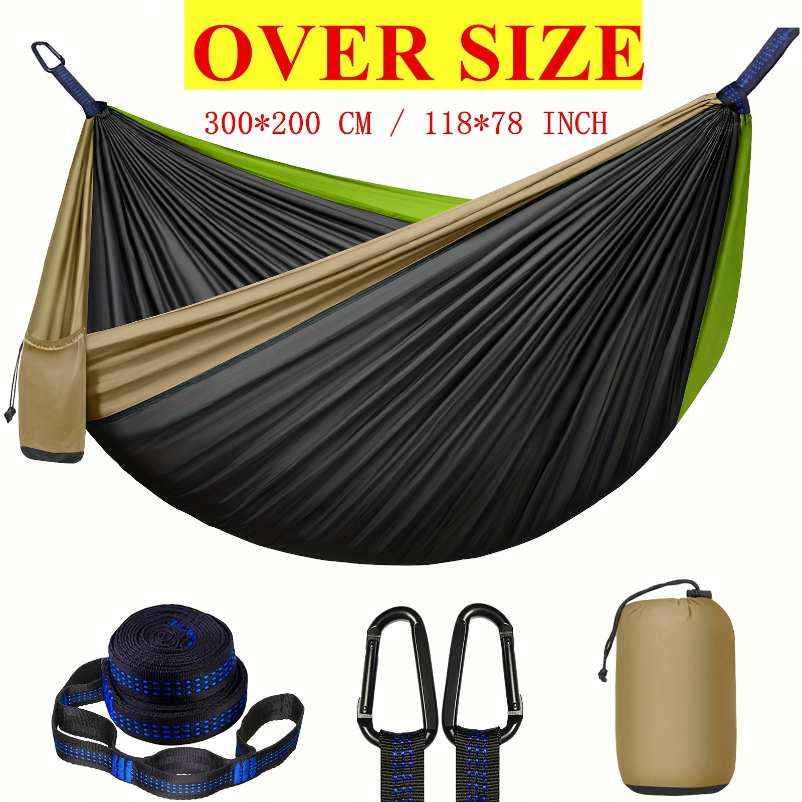 Hamac de camping double extra large, 3 m x 2 m (300 x 200 cm), comprend deux sangles d'arbre de 2 m, deux crochets en acier inoxydable en forme de D: Bleu