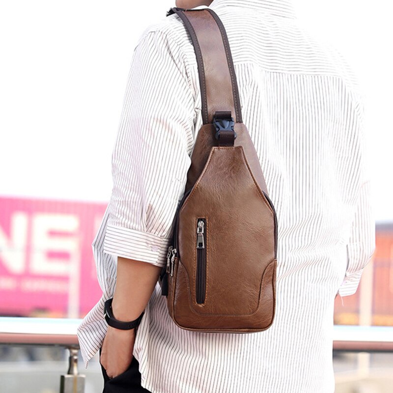 Waterproof PU Leather Chest Bag - USB Charging Port & Headphone Hole - Portable Travel Crossbody