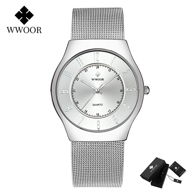 Wwoor Classic Mannen Horloges Top Luxe Blue Sport Quartz Horloge Mannen Ultra-Dunne Stalen Mesh Waterdichte Polshorloge reloj Hombre: White