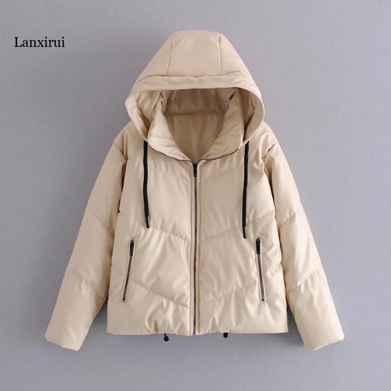 Dames wintermode verdikte parka's dame overmaat PU-jas met capuchon in effen kleur