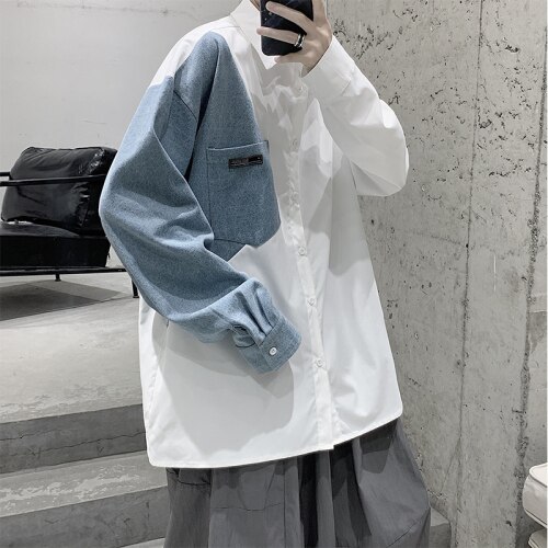 Oversized Denim Patchwork Shirts for Men Trends Clothing Teens Harajuku Long Sleeve Button Jeans Blouses: White / 5XL