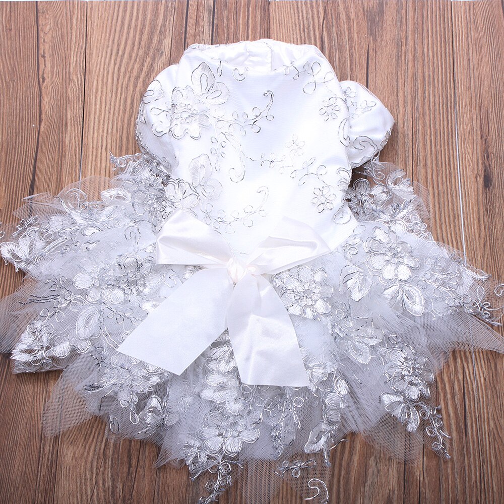 Dog Wedding Dress Floral Lace Cat Puppy Princess Skirt Dresses Apparel 5 Size 2 Colours dog dresses: XL / Silver