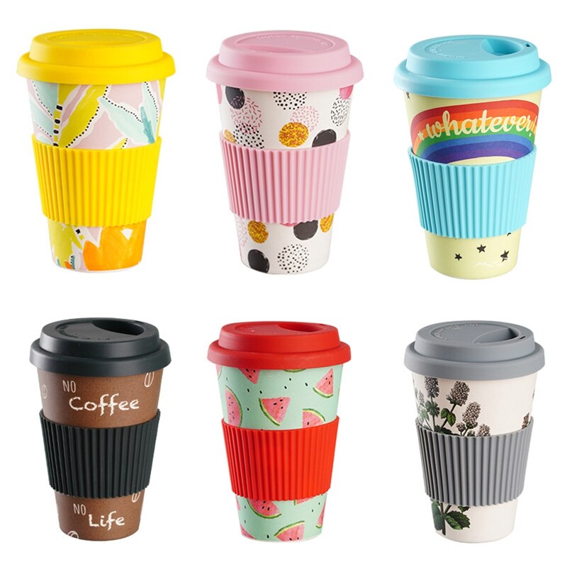 Reusable Bamboo Fibre coffee Cups Eco Friendly Multi-colors 400ml Portable Coffee Tea Mugs Travel Mug With Lid