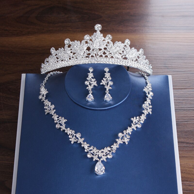 Luxe Bridal Tiara Crown Leaf Bruiloft Sieraden Sets Verklaring Kettingen Oorbellen Set Haar Accessoires Afrikaanse Kralen Sieraden Set: 3Pcs Jewelry Set