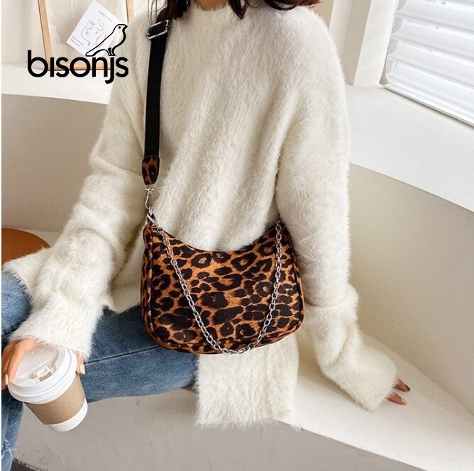 BISONJS-bandoleras pequeñas de piel sintética con cadena y patrón de cebra y leopardo para mujer, bolsos de , bolsos de mano de tendencia, monedero